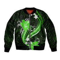 Green Polynesian Pattern With Tropical Flowers Sleeve Zip Bomber Jacket LT05 Unisex Green - Polynesian Pride