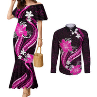 Pink Polynesian Pattern With Tropical Flowers Couples Matching Mermaid Dress and Long Sleeve Button Shirt LT05 Pink - Polynesian Pride