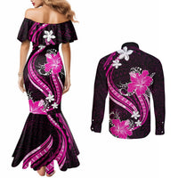 Pink Polynesian Pattern With Tropical Flowers Couples Matching Mermaid Dress and Long Sleeve Button Shirt LT05 - Polynesian Pride
