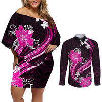 Pink Polynesian Pattern With Tropical Flowers Couples Matching Off Shoulder Short Dress and Long Sleeve Button Shirt LT05 Pink - Polynesian Pride