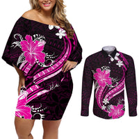 Pink Polynesian Pattern With Tropical Flowers Couples Matching Off Shoulder Short Dress and Long Sleeve Button Shirt LT05 Pink - Polynesian Pride