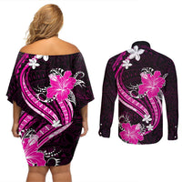 Pink Polynesian Pattern With Tropical Flowers Couples Matching Off Shoulder Short Dress and Long Sleeve Button Shirt LT05 - Polynesian Pride