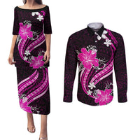 Pink Polynesian Pattern With Tropical Flowers Couples Matching Puletasi Dress and Long Sleeve Button Shirt LT05 Pink - Polynesian Pride