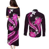 Pink Polynesian Pattern With Tropical Flowers Couples Matching Puletasi Dress and Long Sleeve Button Shirt LT05 - Polynesian Pride