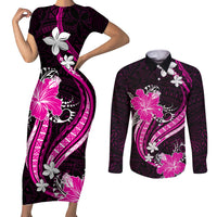 Pink Polynesian Pattern With Tropical Flowers Couples Matching Short Sleeve Bodycon Dress and Long Sleeve Button Shirt LT05 Pink - Polynesian Pride