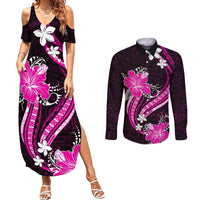 Pink Polynesian Pattern With Tropical Flowers Couples Matching Summer Maxi Dress and Long Sleeve Button Shirt LT05 Pink - Polynesian Pride