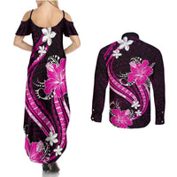 Pink Polynesian Pattern With Tropical Flowers Couples Matching Summer Maxi Dress and Long Sleeve Button Shirt LT05 - Polynesian Pride