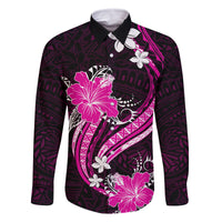 Pink Polynesian Pattern With Tropical Flowers Family Matching Off Shoulder Short Dress and Hawaiian Shirt LT05 Dad's Shirt - Long Sleeve Pink - Polynesian Pride