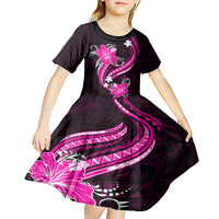 Pink Polynesian Pattern With Tropical Flowers Kid Short Sleeve Dress LT05 - Polynesian Pride