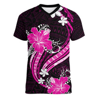 Pink Polynesian Pattern With Tropical Flowers Women V Neck T Shirt LT05 Female Pink - Polynesian Pride