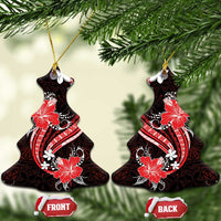 Red Polynesian Pattern With Tropical Flowers Ceramic Ornament