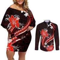 Red Polynesian Pattern With Tropical Flowers Couples Matching Off Shoulder Short Dress and Long Sleeve Button Shirt LT05 Red - Polynesian Pride