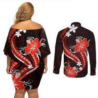 Red Polynesian Pattern With Tropical Flowers Couples Matching Off Shoulder Short Dress and Long Sleeve Button Shirt LT05 - Polynesian Pride
