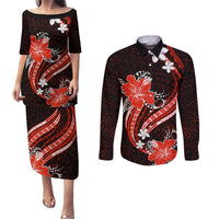 Red Polynesian Pattern With Tropical Flowers Couples Matching Puletasi Dress and Long Sleeve Button Shirt LT05 Red - Polynesian Pride