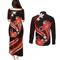 Red Polynesian Pattern With Tropical Flowers Couples Matching Puletasi Dress and Long Sleeve Button Shirt LT05 - Polynesian Pride