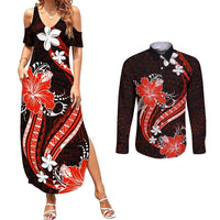 Red Polynesian Pattern With Tropical Flowers Couples Matching Summer Maxi Dress and Long Sleeve Button Shirt LT05 Red - Polynesian Pride