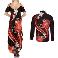 Red Polynesian Pattern With Tropical Flowers Couples Matching Summer Maxi Dress and Long Sleeve Button Shirt LT05 - Polynesian Pride