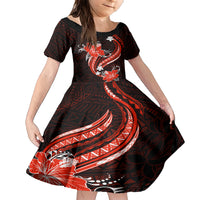 Red Polynesian Pattern With Tropical Flowers Family Matching Short Sleeve Bodycon Dress and Hawaiian Shirt LT05 Daughter's Dress Red - Polynesian Pride
