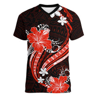 Red Polynesian Pattern With Tropical Flowers Women V Neck T Shirt LT05 Female Red - Polynesian Pride