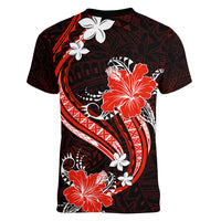 Red Polynesian Pattern With Tropical Flowers Women V Neck T Shirt LT05 - Polynesian Pride