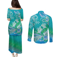 Polynesia Sea Turtle Couple Couples Matching Puletasi and Long Sleeve Button Shirt I Am Turtley In Love With You LT05 - Polynesian Pride