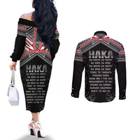 New Zealand Aotearoa Couples Matching Off The Shoulder Long Sleeve Dress and Long Sleeve Button Shirt Traditional Kapa Haka