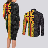 Hawaii Maoli Spirit Couples Matching Long Sleeve Bodycon Dress and Long Sleeve Button Shirt Kakau Pattern With Flower Lei LT05 - Polynesian Pride