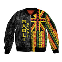 Hawaii Maoli Spirit Sleeve Zip Bomber Jacket Kakau Pattern With Flower Lei LT05 Unisex Black - Polynesian Pride
