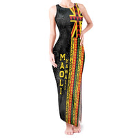 Hawaii Maoli Spirit Tank Maxi Dress Kakau Pattern With Flower Lei LT05 Women Black - Polynesian Pride