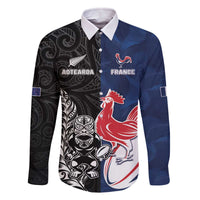 France And New Zealand Rugby Custom Family Matching Off The Shoulder Long Sleeve Dress and Hawaiian Shirt Les Bleus Rooster With Maori Tiki - Polynesian Pride