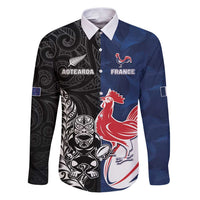 France And New Zealand Rugby Custom Family Matching Puletasi and Hawaiian Shirt Les Bleus Rooster With Maori Tiki LT05 Dad's Shirt - Long Sleeve Black - Polynesian Pride