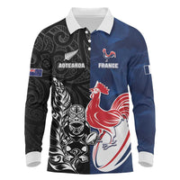 France And New Zealand Rugby Custom Long Sleeve Polo Shirt Les Bleus Rooster With Maori Tiki LT05 Black - Polynesian Pride