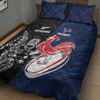 France And New Zealand Rugby Quilt Bed Set Les Bleus Rooster With Maori Tiki LT05 - Polynesian Pride