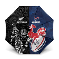 France And New Zealand Rugby Umbrella Les Bleus Rooster With Maori Tiki LT05 One Size Folded 11.42 inch Opened Diameter 37.4 inch Black - Polynesian Pride