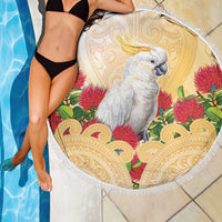 New Zealand Aotearoa Cockatoo Beach Blanket Maori Pattern With Pohutukawa Flowers