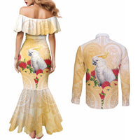 New Zealand Aotearoa Cockatoo Couples Matching Mermaid Dress and Long Sleeve Button Shirt Maori Pattern With Pohutukawa Flowers