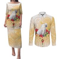 New Zealand Aotearoa Cockatoo Couples Matching Puletasi and Long Sleeve Button Shirt Maori Pattern With Pohutukawa Flowers