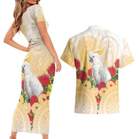 New Zealand Aotearoa Cockatoo Couples Matching Short Sleeve Bodycon Dress and Hawaiian Shirt Maori Pattern With Pohutukawa Flowers