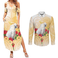 New Zealand Aotearoa Cockatoo Couples Matching Summer Maxi Dress and Long Sleeve Button Shirt Maori Pattern With Pohutukawa Flowers