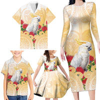 New Zealand Aotearoa Cockatoo Family Matching Long Sleeve Bodycon Dress and Hawaiian Shirt Maori Pattern With Pohutukawa Flowers LT05 - Polynesian Pride