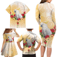 New Zealand Aotearoa Cockatoo Family Matching Long Sleeve Bodycon Dress and Hawaiian Shirt Maori Pattern With Pohutukawa Flowers LT05 - Polynesian Pride