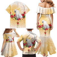 New Zealand Aotearoa Cockatoo Family Matching Mermaid Dress and Hawaiian Shirt Maori Pattern With Pohutukawa Flowers