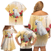 New Zealand Aotearoa Cockatoo Family Matching Off Shoulder Short Dress and Hawaiian Shirt Maori Pattern With Pohutukawa Flowers