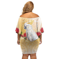 New Zealand Aotearoa Cockatoo Family Matching Off Shoulder Short Dress and Hawaiian Shirt Maori Pattern With Pohutukawa Flowers