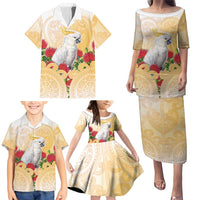 New Zealand Aotearoa Cockatoo Family Matching Puletasi and Hawaiian Shirt Maori Pattern With Pohutukawa Flowers