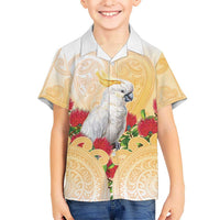 New Zealand Aotearoa Cockatoo Family Matching Short Sleeve Bodycon Dress and Hawaiian Shirt Maori Pattern With Pohutukawa Flowers LT05 Son's Shirt Beige - Polynesian Pride