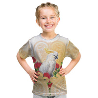 New Zealand Aotearoa Cockatoo Kid T Shirt Maori Pattern With Pohutukawa Flowers