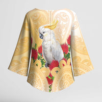 New Zealand Aotearoa Cockatoo Kimono Sleeve Blouse Maori Pattern With Pohutukawa Flowers