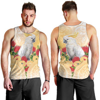 New Zealand Aotearoa Cockatoo Men Tank Top Maori Pattern With Pohutukawa Flowers