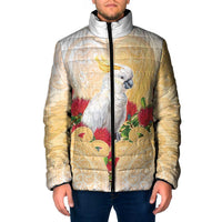 New Zealand Aotearoa Cockatoo Padded Jacket Maori Pattern With Pohutukawa Flowers